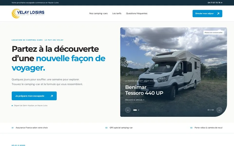 Landing page de location de camping-cars Velay Loisirs en Haute-Loire