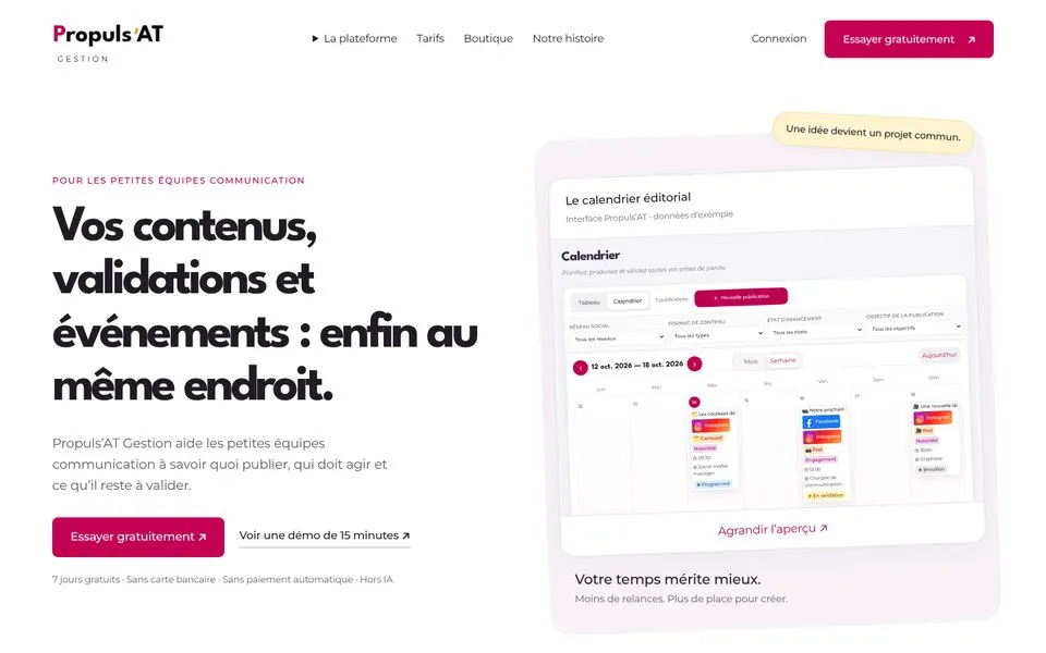 Page d'accueil du site Propuls'AT Gestion, logiciel de gestion de communication pour petites équipes